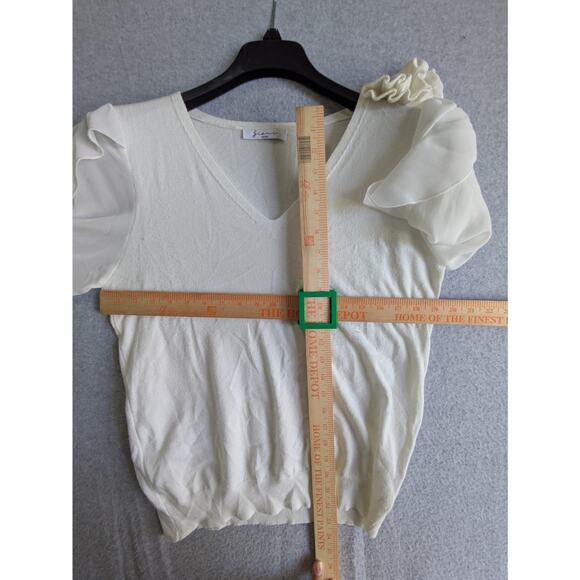Sioni Milano Blouse‎ Womens Size L Ruffled Sheer Sleeve V-Neck Pullover Cream - Picture 6 of 8